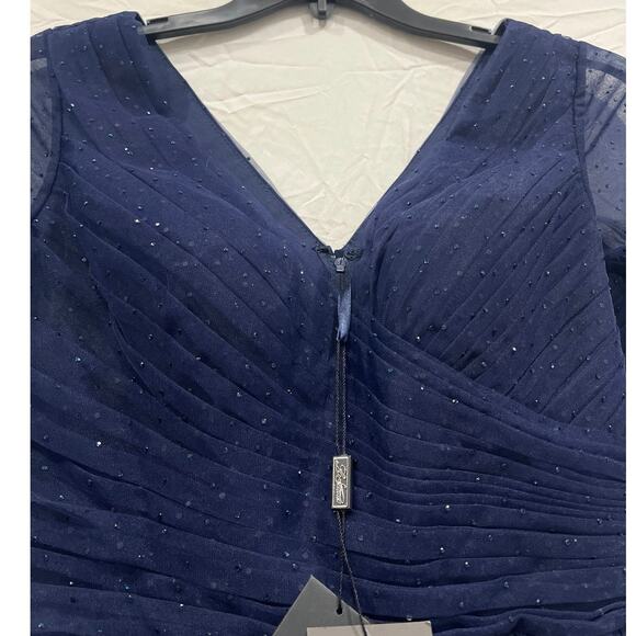 La Femme Sheer Fit & Flare Cocktail Dress Rhinestone Tulle Midnight Navy Blue - Picture 4 of 16